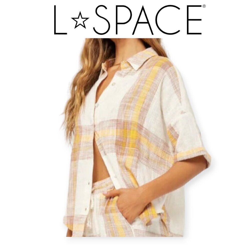 L*Space Isle Sun Plaid Button-Up Shirt Cream Orange S – Relaxed Summer Beach Sty